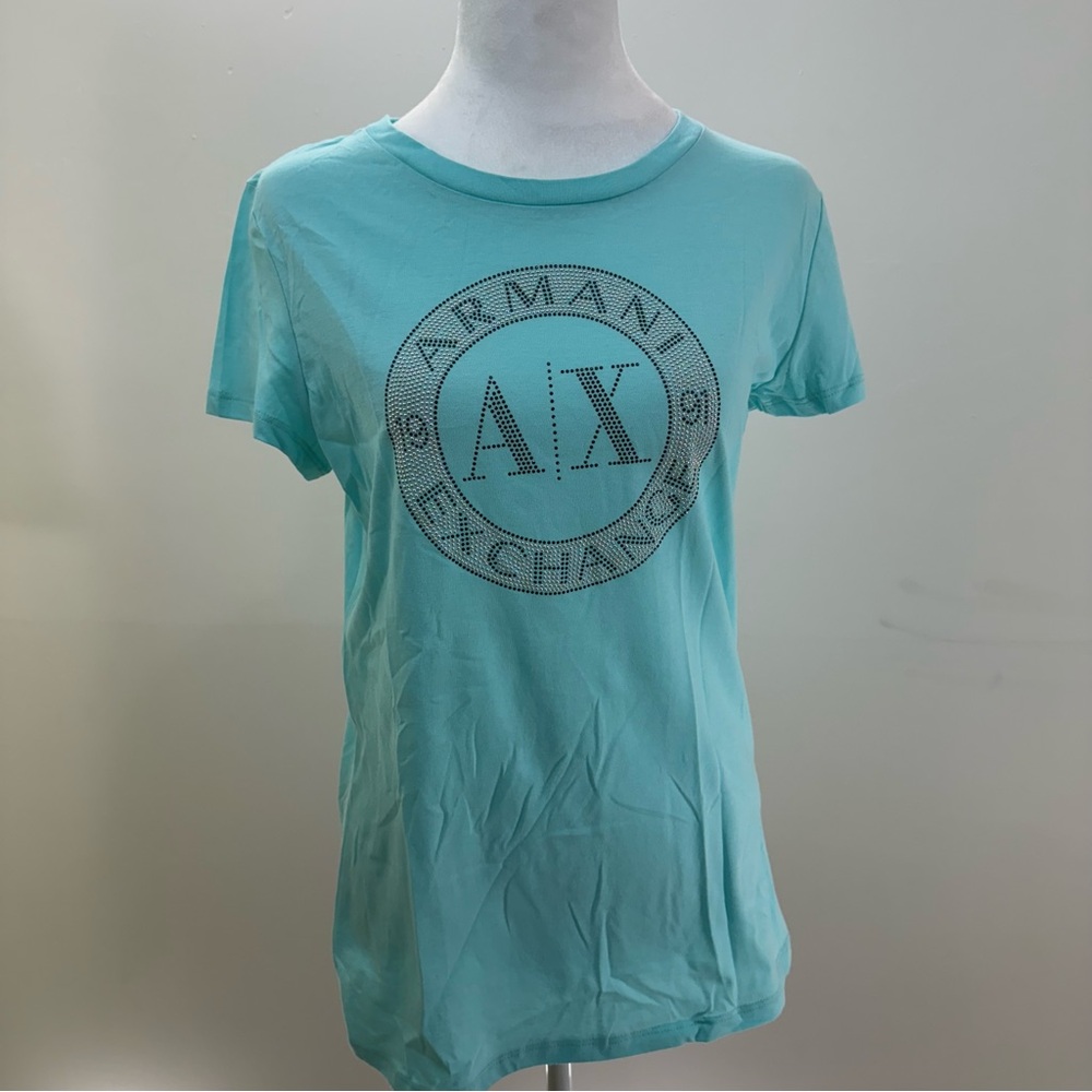 💎 Armani Exchange Aqua Blue Rhinestone Logo Tee (NWT) - Picture 10 of 14